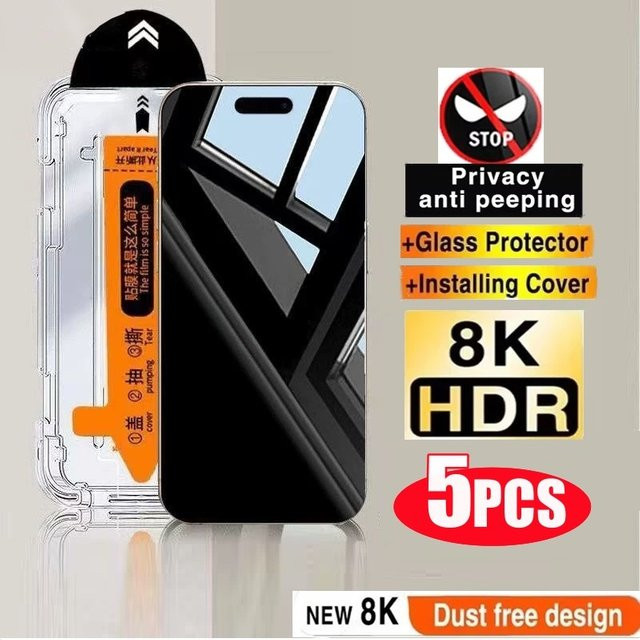 5 Stück PJPK Sichtschutz-Displayschutz aus gehärtetem Glas für iPhone 15 14 13 12 11 16 17 Pro Max, Anti-Spy Schutz mit Installationshilfe, transparent - Bild 1