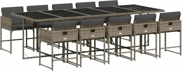 vidaXL 11-teilige Garten-Essgruppe aus Poly-Rattan in Grau mit Kissen und Hartglas-Tischplatte - Bild 1