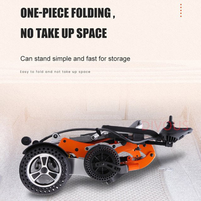 DIVOUS Elektrischer Rollstuhl aus Aluminium, tragbar und zusammenklappbar, Farbe: Orange - Bild 1