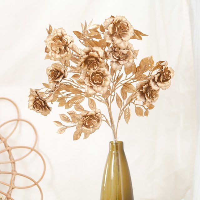 Kahaul Künstliche Goldene Rose mit Eukalyptus Blatt in Gold und Bronze für Hochzeiten und Dekorationen - Bild 1