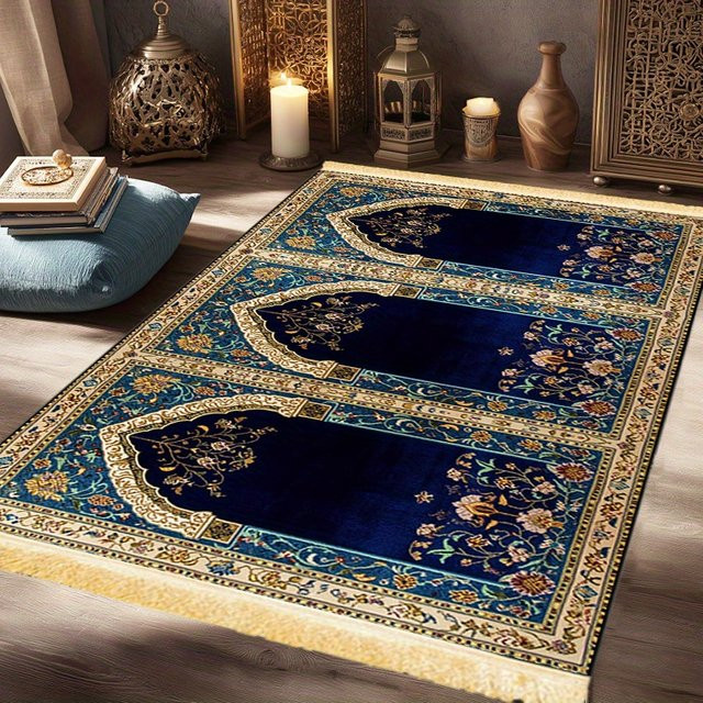 VIKAMA Islamische Gebetsmatte in Blau-Gold mit orientalischem Ornament, B/H: 110 x 180 cm - Bild 1