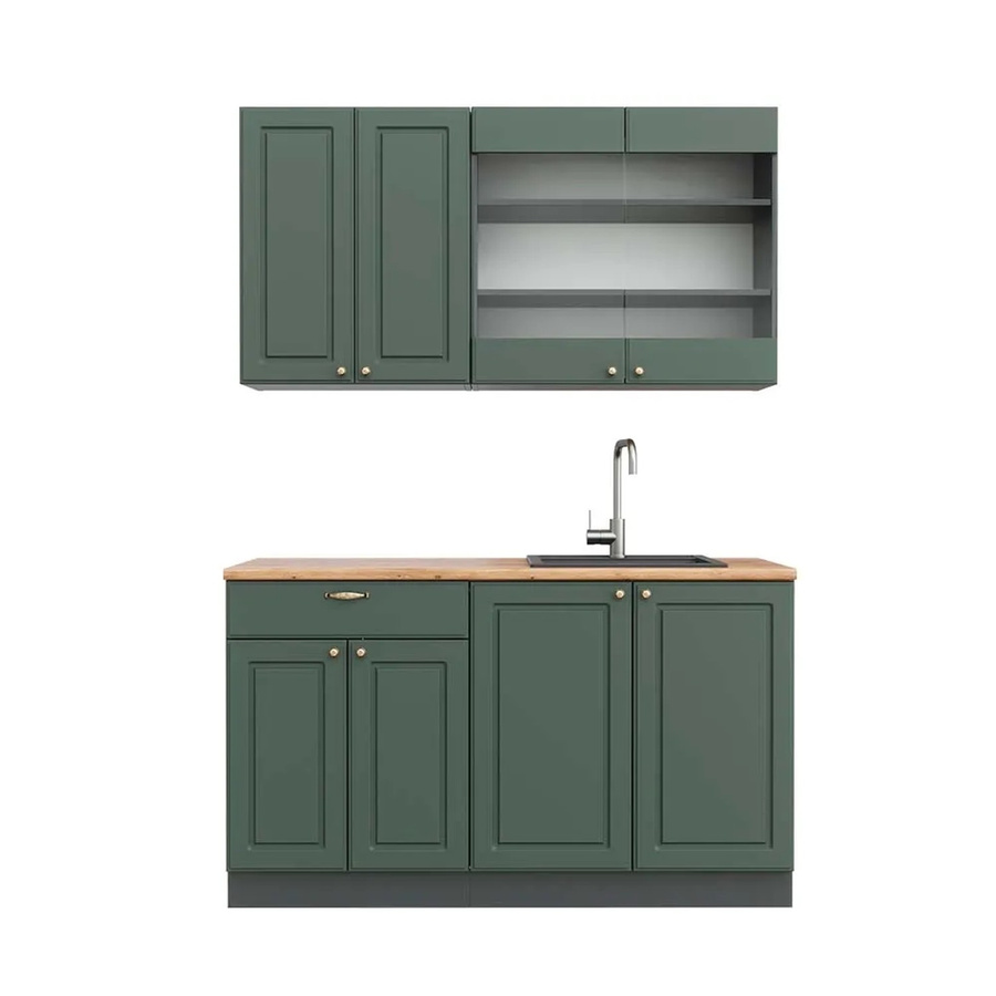 Vicco Fame-Line Singleküche im Landhausstil, Farbe Grün-Gold-Anthrazit mit Eiche-Optik, Breite: 140 cm - Bild 2