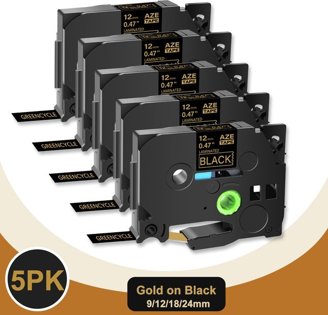 5er Pack Etikettenband Gold auf Schwarz kompatibel für Brother P-Touch TZe 324 TZe 334 TZe 344 TZe 354 - Bild 1
