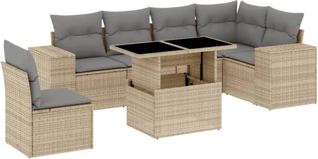 vidaXL 7-tlg Garten-Sofagarnitur in L-Form aus Polyrattan mit Kissen, Beige - Bild 1