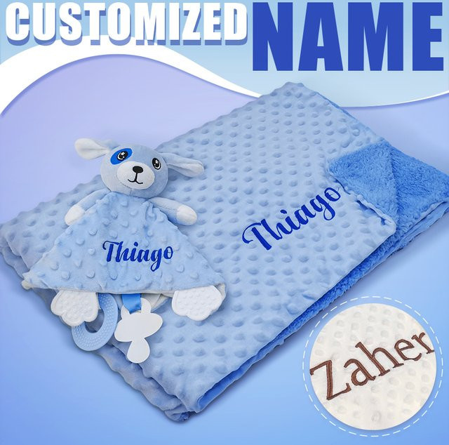 NanBeiCat Personalisierte Babydecke mit Namen und Schmusetuch Set, Weiche Minky Dot 2-in-1 Decke für Jungen und Mädchen, Blau - Bild 1