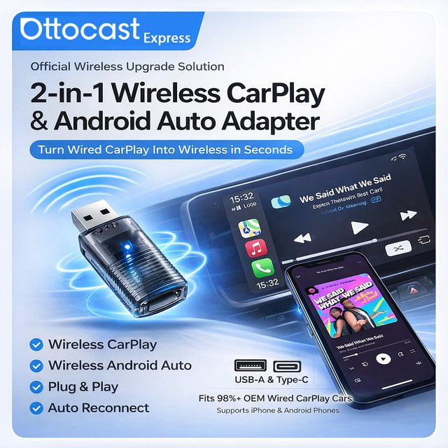 Ottocast Express Mini Kabelloser CarPlay und Android Auto Adapter 2-in-1 Dual-Band 5G Plug & Play Dongle für OEM kabelgebundene Fahrzeuge - Bild 1