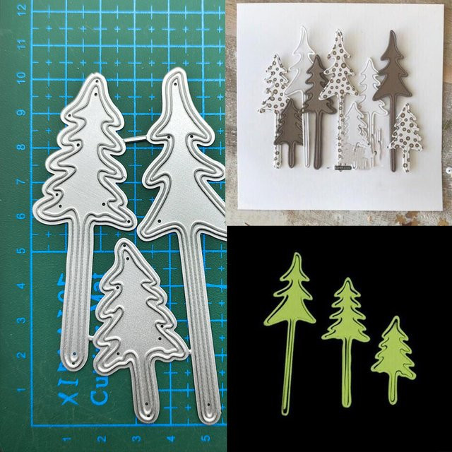 3er Set Metall Schneideschablonen mit Baum-Motiven in Silber für Scrapbooking, DIY-Albumgestaltung und Papier-Prägung - Bild 1