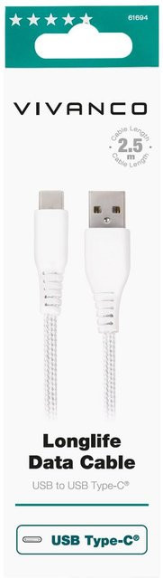 Vivanco LongLife USB Type-C Daten- und Ladekabel mit USB-A Anschluss, Weiß, Länge: 2,5 m - Bild 1