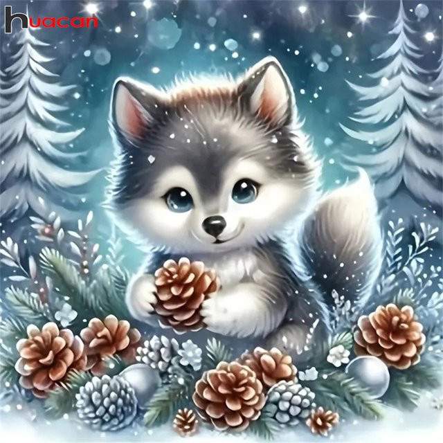 Huacan DIY Diamantmalerei Wolf im Winter als 5D Mosaik-Strassbild in Mehrfarbig - Bild 1