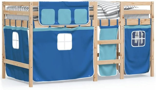vidaXL Kinderhochbett aus massivem Kiefernholz mit Vorhängen in Blau, B/T/H: 90 x 190 x 160 cm (ca.) - Bild 1