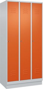 C+P Spind Classic PLUS Garderobenschrank mit Sockel, 3 Abteile, Grau/Orange, B/T/H: 90 x 50 x 195 cm, mit Zylinderschloss und Garderobenhaken - Bild 1