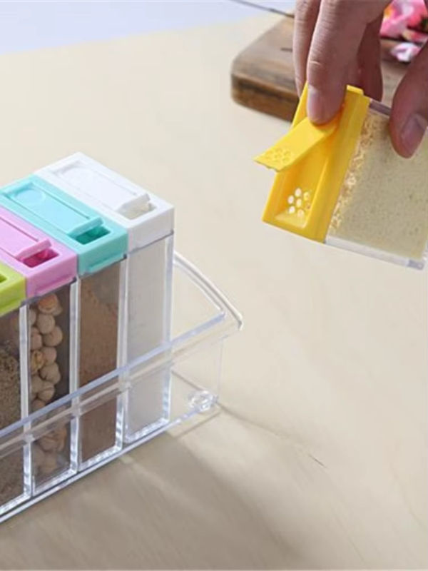 Transparente Gewürzbox aus Kunststoff mit sechs Fächern und Schnappdeckel, sechsteiliges Set zur Aufbewahrung von Salz und Gewürzen - Bild 7