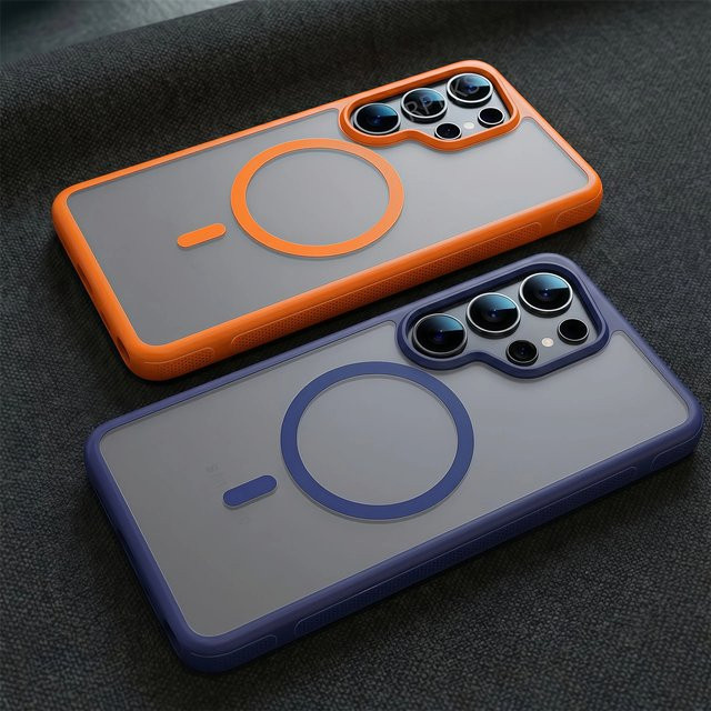 MagSafe Matte Handyhülle für Samsung Galaxy S26 Ultra Plus mit weichem TPU-Bumper und harter PC-Rückseite, magnetisch und durchscheinend, Schwarz/Transparent/Orange - Bild 1