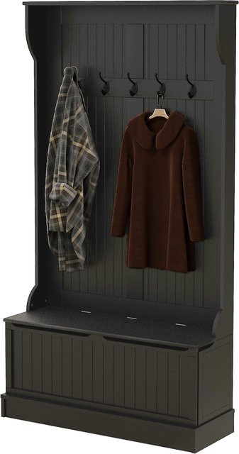 HOMCOM Garderobenständer mit Schuhbank und 5 Haken in Schwarz, moderner Halltree für Flur und Schlafzimmer, B/T/H: 96 x 34 x 179,7 cm - Bild 1