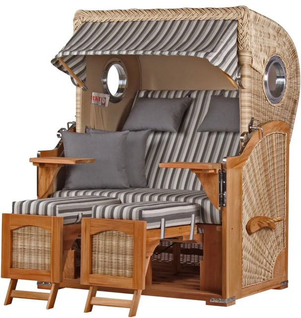 Bene Living Strandkorb Komplettset Ammersee in Teak mit Bullauge und PE Shell, Farbe Braun, Design Maritim Gestreift - Bild 1