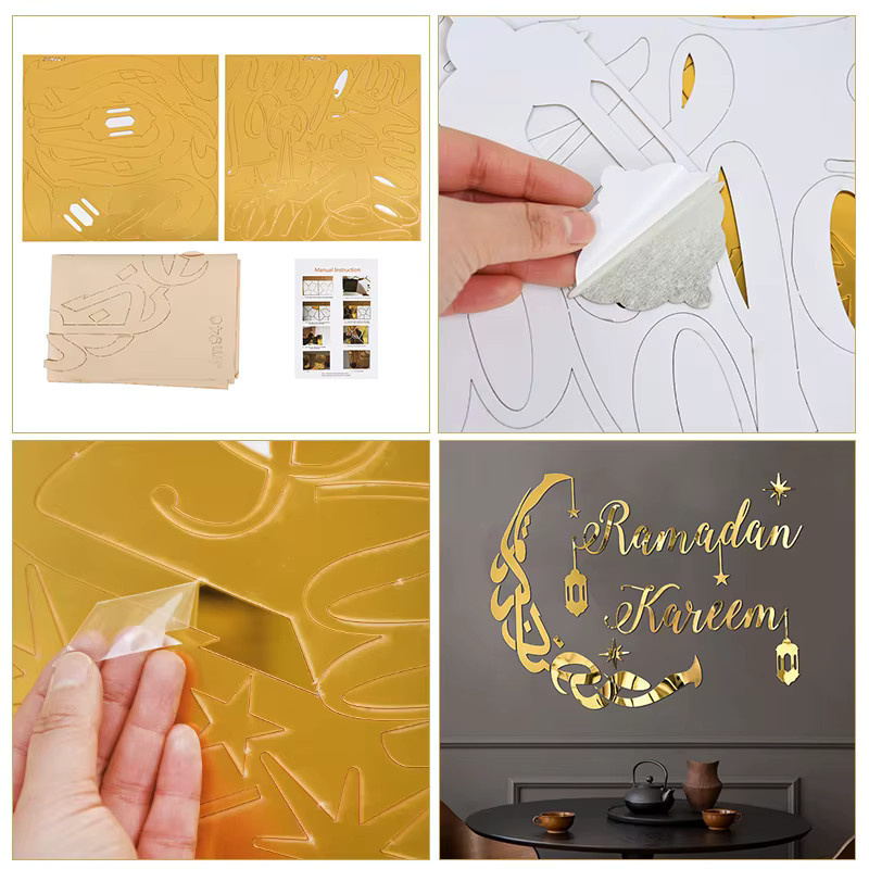 ZQNYCY Ramadan Kareem 3D Acryl-Spiegel Wandaufkleber Eid Mubarak Dekoration in Gold oder Silber - Bild 2