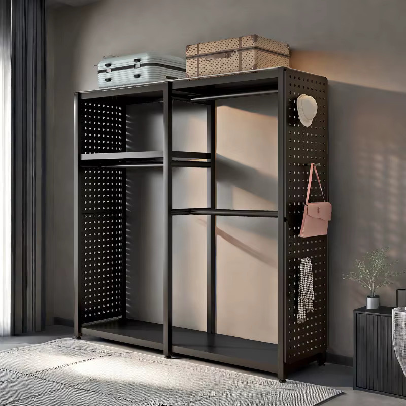 Kleiderschrank aus Metall im Industrial-Design mit offenen Regalfächern und Kleiderstange, Schwarz Matt - Bild 2