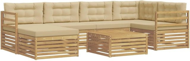 vidaXL Outdoor-Sofagarnitur 7-teilig aus Akazienholz mit Kissen in Weiß und Beige - Bild 1