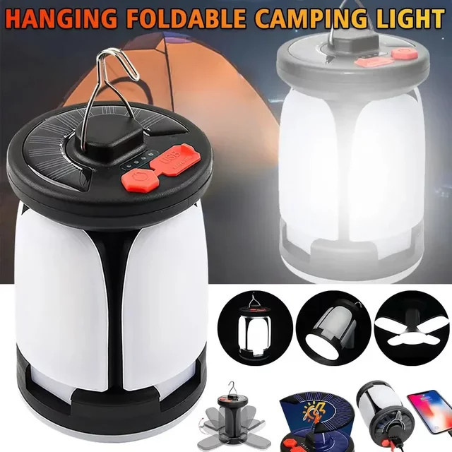 KDULIT Solar-Campinglampe Schwarz, wiederaufladbare faltbare Hängelampe mit 4-Blatt-Solarpanel für Outdoor und Notbeleuchtung - Bild 1