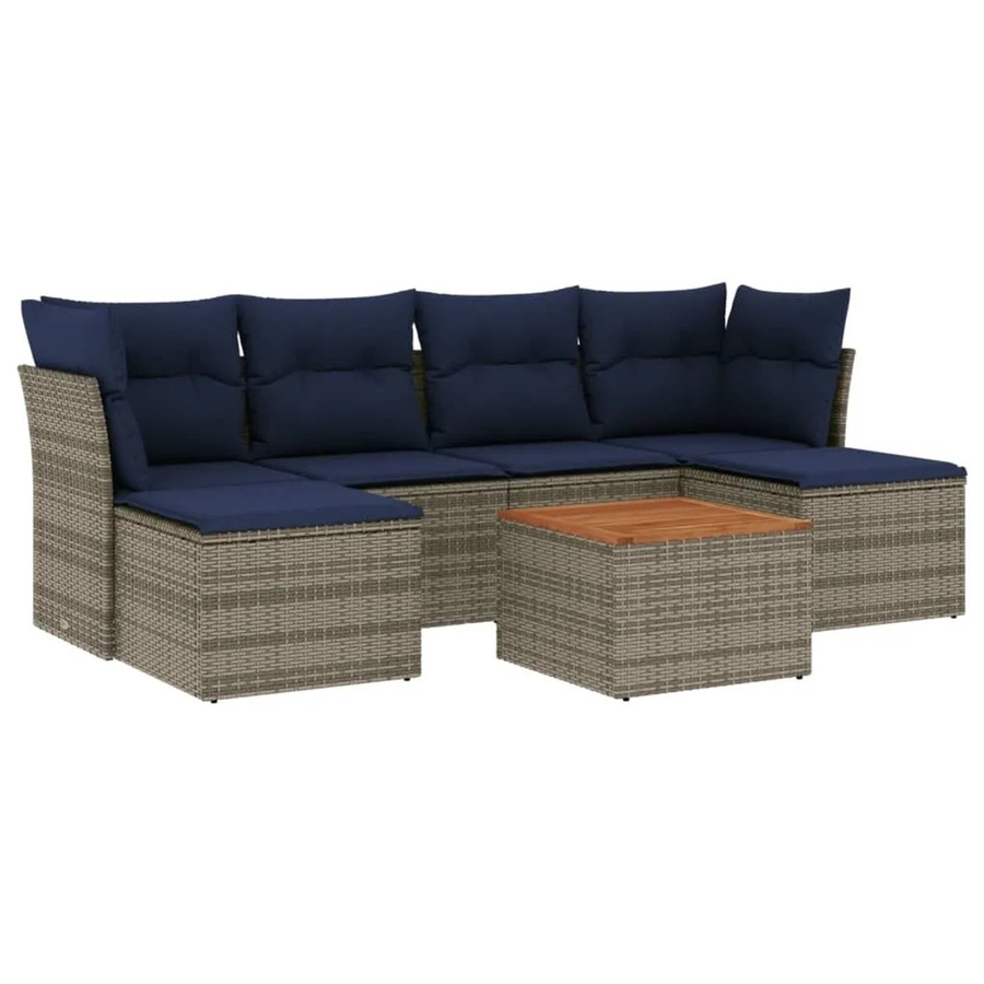 vidaXL 7-tlg. Gartensofa-Set in U-Form aus Polyrattan mit Kissen und Ottoman, Grau/Blau - Bild 2