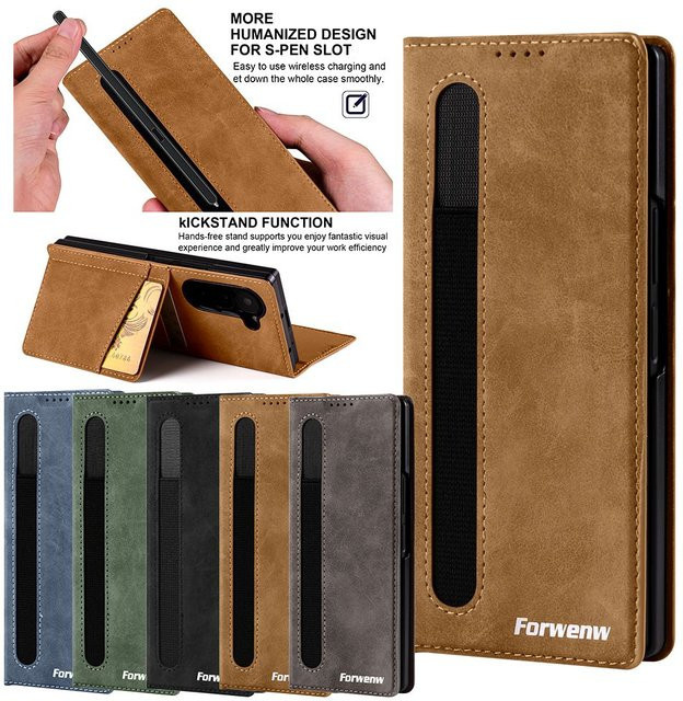 Lederhandyhülle für Samsung Galaxy Z Fold 7 6 5 4 3 mit Kartenhalter und Ständer in Grau - Bild 1
