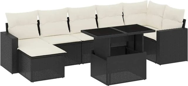 vidaXL 8-teilige Garten-Sofagarnitur in L-Form aus Poly-Rattan mit Kissen in Schwarz und Cremeweiß - Bild 1