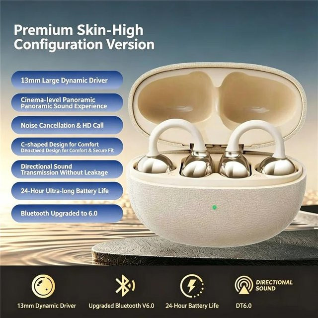 Meiteai Kabellose Bluetooth 6.0 Open-Ear-Clip-On Ohrhörer mit Mikrofon, HiFi-Stereo und 30h Wiedergabezeit, Weiß - Bild 1