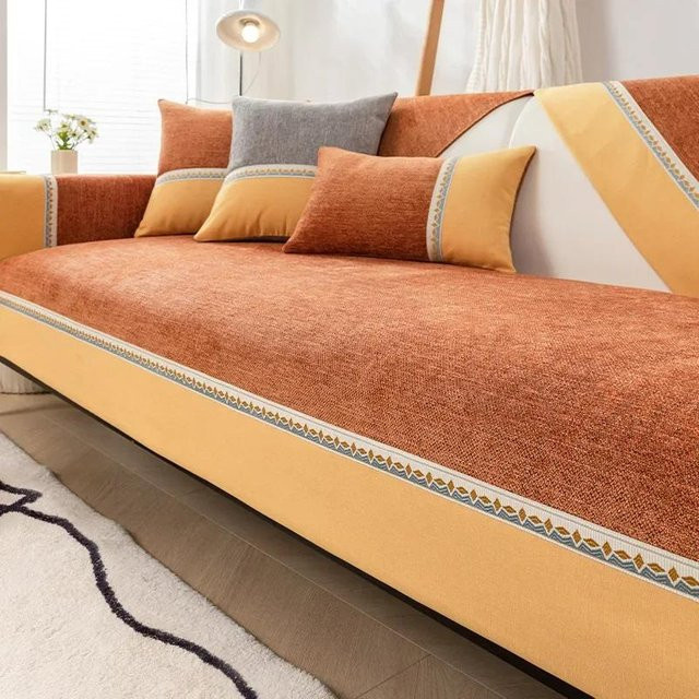 Luxus Sofabezug aus Baumwolle und Leinen mit breitem Rand in Gelb und Orange, rutschfest und waschbar, B/T: 70 x 70 cm - Bild 1