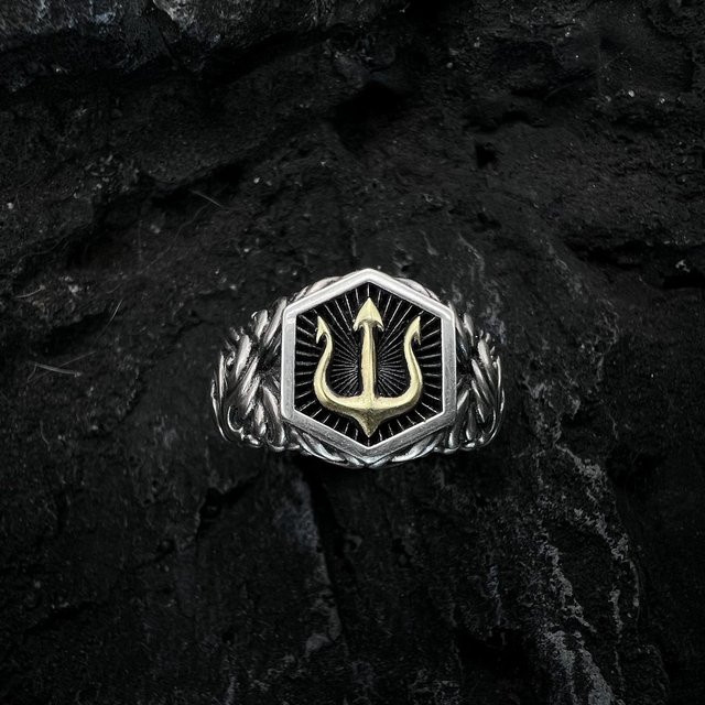 LENNIK Ring, Gold, Poseidon Dreizack, Unisex - Bild 1