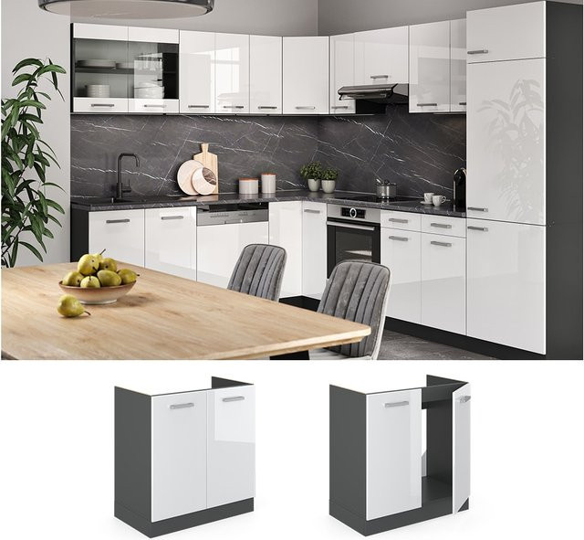 Vicco Spülenunterschrank R-Line Küchenschrank in Weiß Hochglanz und Anthrazit, Breite: 80 cm - Bild 1