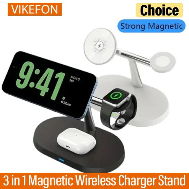 VIKEFON 15W Magnetisches 3-in-1 Kabelloses Ladegerät Schnellladestation für Smartphone, Smartwatch und Ohrhörer als Tragbarer Desktop-Ladeständer - Bild 1