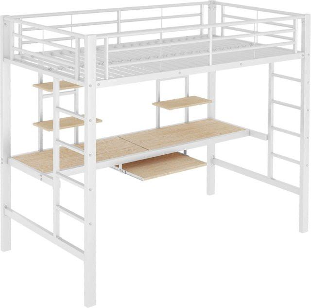 okwish Hochbett aus Metall und MDF in Weiß mit Schreibtisch und zwei Bücherregalen, B/T/H: 90 x 200 x 180 cm - Bild 1