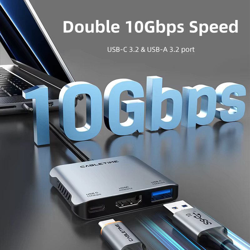 CABLETIME 5-in-1 USB-C-Hub mit Dual-HDMI 4K@60Hz und USB-C 3.2 PD140W in Grau für Laptop und Macbook Pro Air - Bild 2