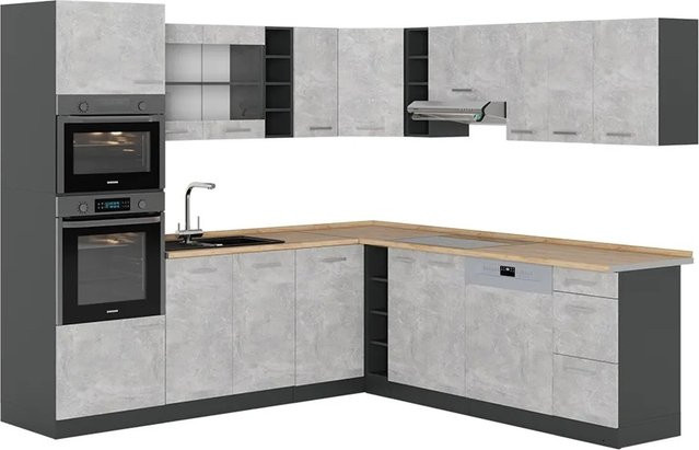 Vicco R-Line Eckküche in Beton-Optik und Anthrazit mit Eiche-Elementen, B/T/H: 237 x 247 x 81,6 cm - Bild 1