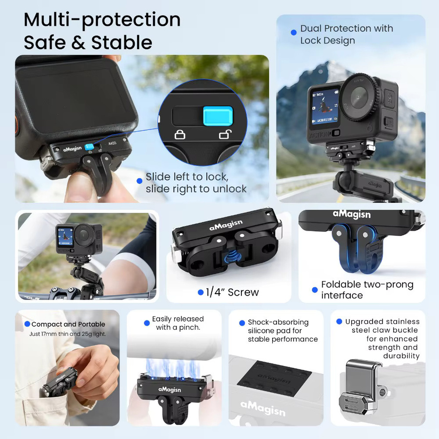 aMagisn Sicherheitskamera-Halterung mit Schnellverschluss für DJI Osmo Action 6 und NANO in Schwarz mit 1/4-Zoll- und 2-Pin-Schnittstellen - Bild 4