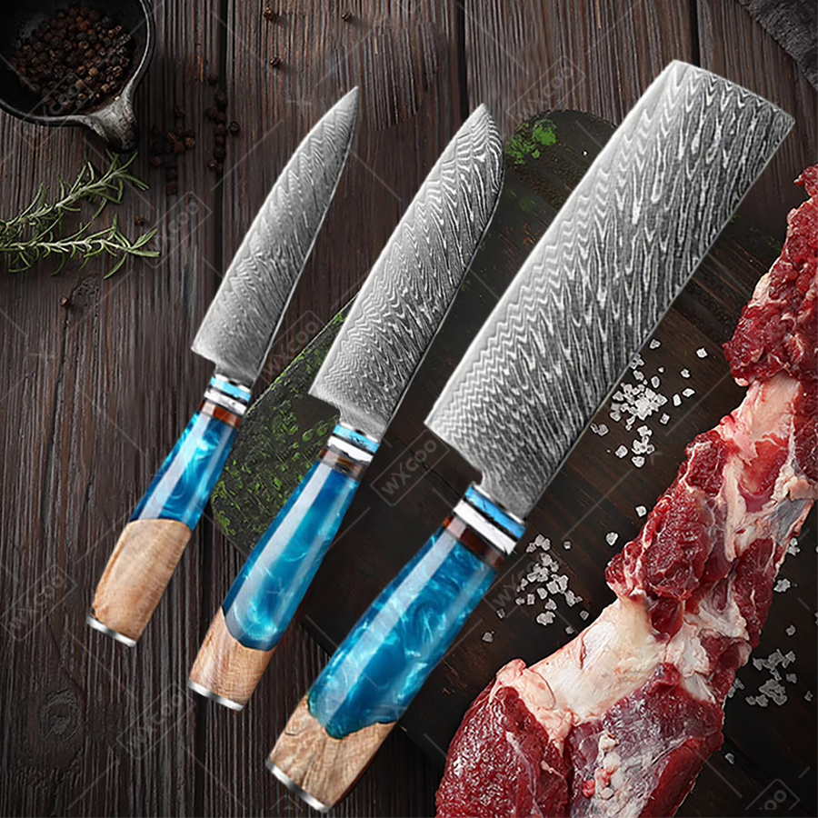 WXCOO Professionelles Küchenmesser-Set aus VG10-Damaststahl mit blauem Harzgriff inklusive Kochmesser, Obstschäler, Fleischbeil und Ausbeinmesser - Bild 3
