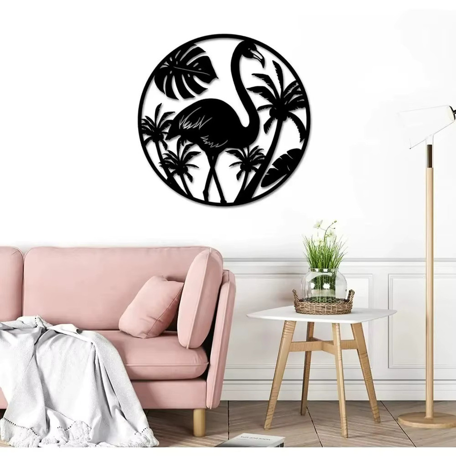 CIFBUY Vintage Wandkunst aus Metall mit Flamingo- und Palmen-Motiv, rundes Metallschild in Schwarz für tropische Dekoration - Bild 4