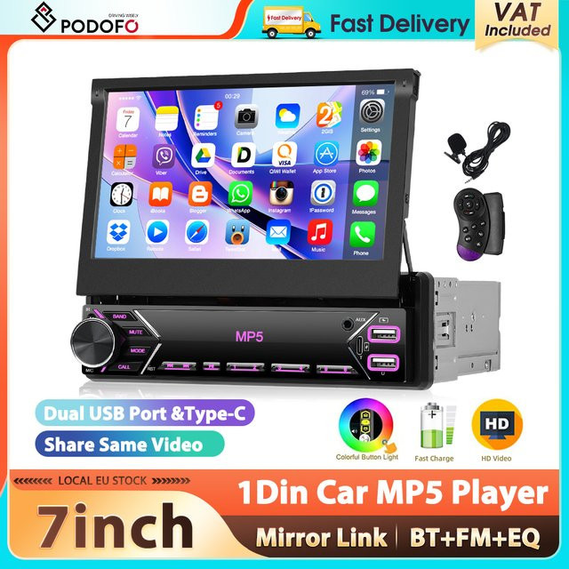 Podofo 1Din Autoradio mit 7 Zoll ausfahrbarem Bildschirm, Mirror Link MP5 Multimedia-Player, Bluetooth, Typ-C, EQ-Sound und mehrfarbiger Beleuchtung in Schwarz - Bild 1