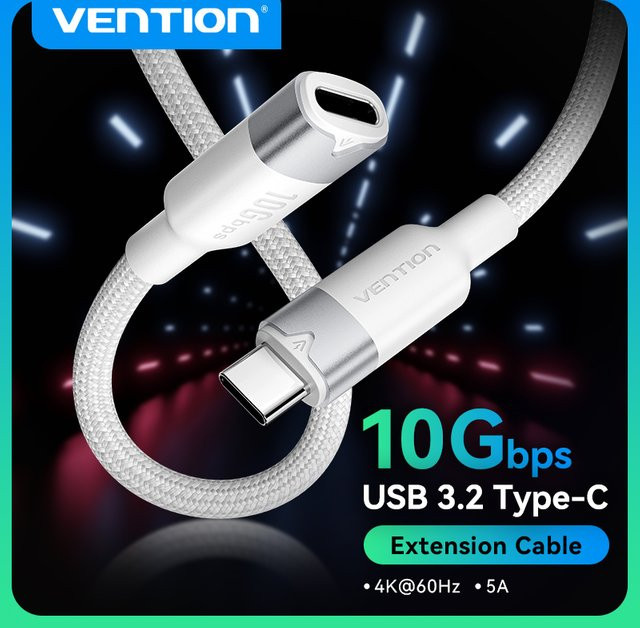 Vention USB-C Verlängerungskabel in Weiß mit 100W Power Delivery und 4K 60Hz Unterstützung für Laptop, Tablet und Switch - Bild 1