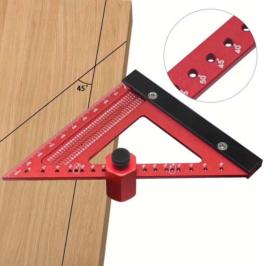 Wnew Präzisions-Zimmermannsquadrat 90 Grad aus Aluminiumlegierung in Rot-Schwarz, multifunktionales Dreieckslineal mit Lochpositionierung für Profis - Bild 6