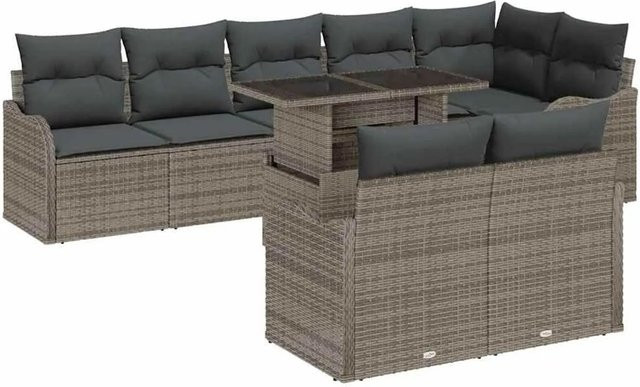 vidaXL Garten-Sofa-Set 9-tlg. in Grau aus Poly-Rattan mit Kissen und Couchtisch für Terrasse und Garten - Bild 1