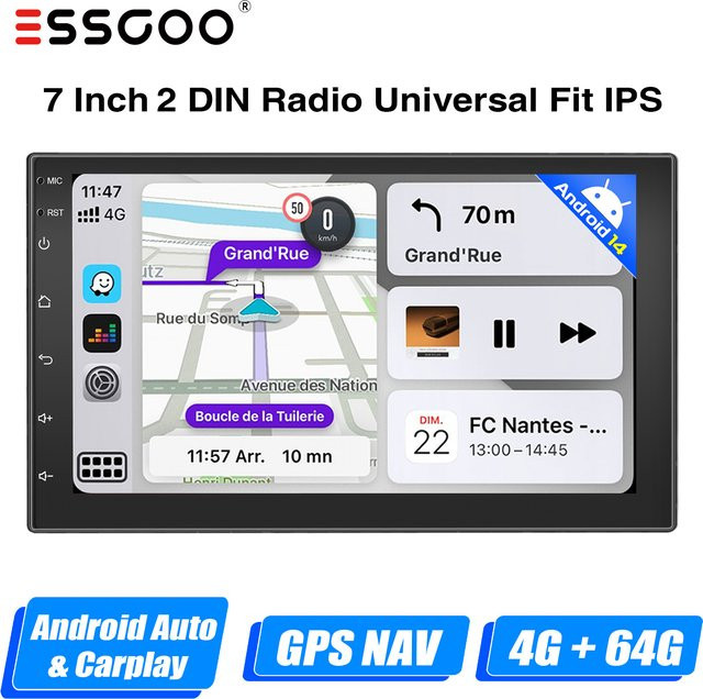 ESSGOO Autoradio mit 7 Zoll IPS Touchscreen, 4GB RAM + 64GB Speicher, Double DIN, kabelloses CarPlay und Android Auto, Multimedia-Player mit GPS, DAB+, WLAN und USB in Schwarz - Bild 1