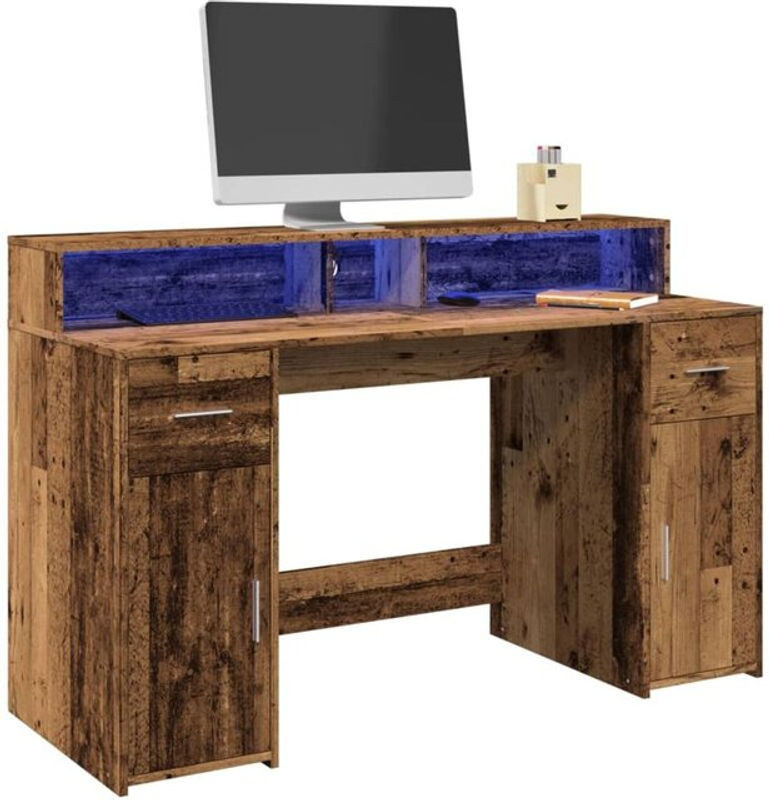 Vidaxl LED-Schreibtisch in Altholz-Optik aus Holzwerkstoff, Braun, B/T/H: 140 x 55 x 91 cm - Bild 1