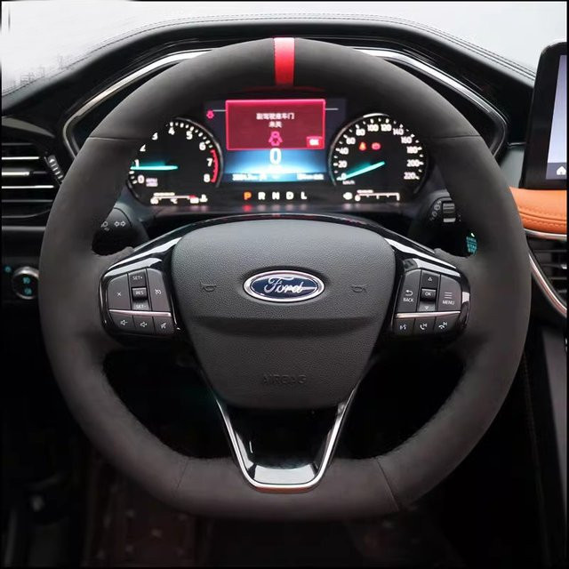 Handgenähter Lenkradbezug aus Wildleder für Ford Focus Fiesta Kuga Puma Escape ST ST-Line 2017–2024, Farbe: Schwarz - Bild 1