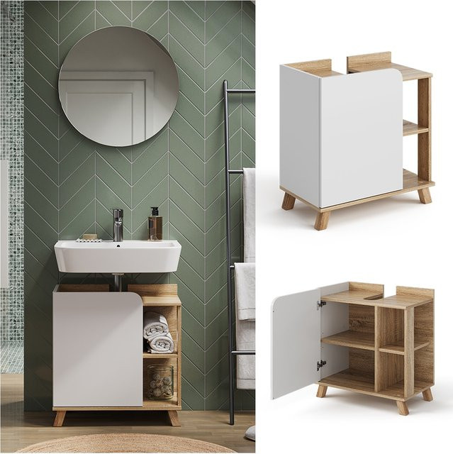 Vicco Waschtischunterschrank Karen modern in Weiß mit Türen und offenen Fächern, B/T/H: 60 x 35 x 65 cm - Bild 1