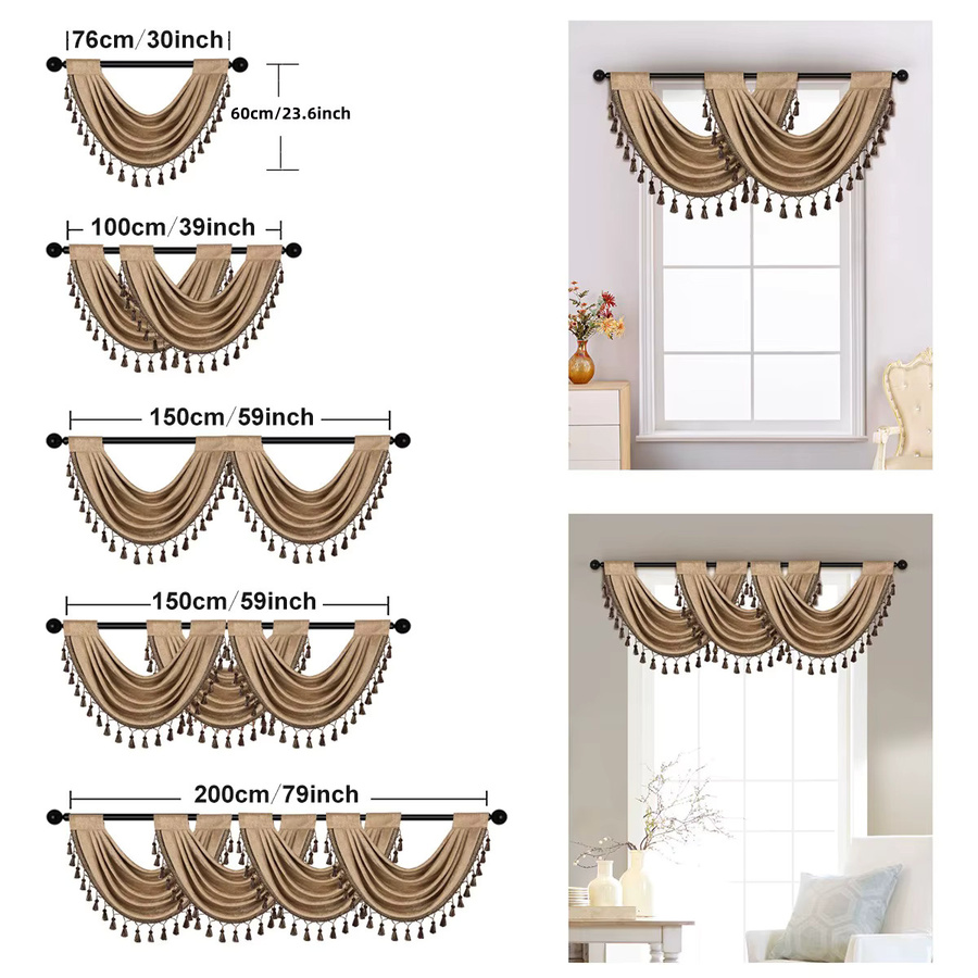 Moderner Fenstervorhang im europäischen Stil mit Quasten aus Samt, Stangentasche, Farbe: Blau oder Beige, Breite: 90 cm, Höhe: 76 cm - Bild 2