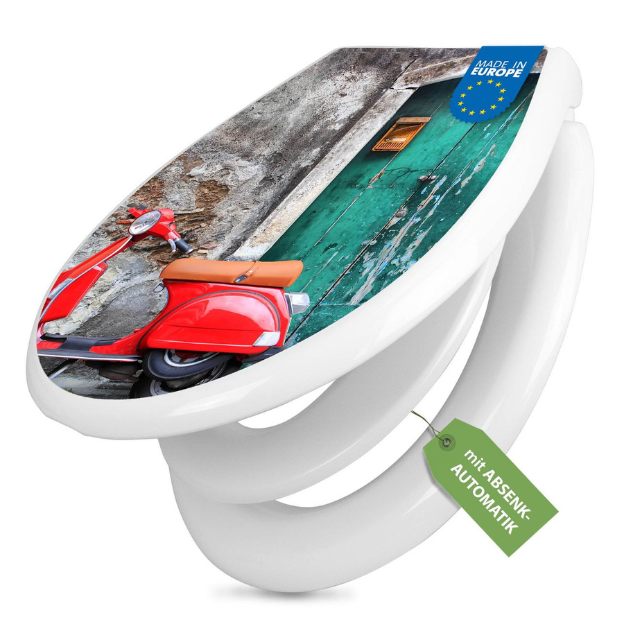 banjado Premium WC-Sitz O-Form mit Absenkautomatik und Kindersitz aus Duroplast in Weiß mit Italienischer Roller Motiv, Soft-Close und antibakterieller Oberfläche - Bild 1