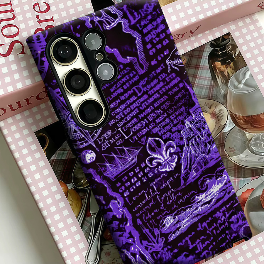 Stoßfeste Doppelschicht Handyhülle im Lila Vintage-Karten-Design für Samsung Galaxy S25 Ultra, S24 und S23 Ultra Plus - Bild 4