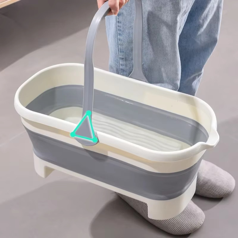 Tragbarer faltbarer Eimer von WOVHSTEAR in Beige als platzsparendes Waschbecken und Reinigungswerkzeug für Camping und Haushalt - Bild 2