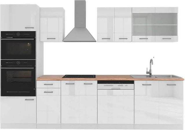Vicco R-Line Küchenzeile Weiß Hochglanz mit Hochschrank Eiche, Breite: 300 cm - Bild 1